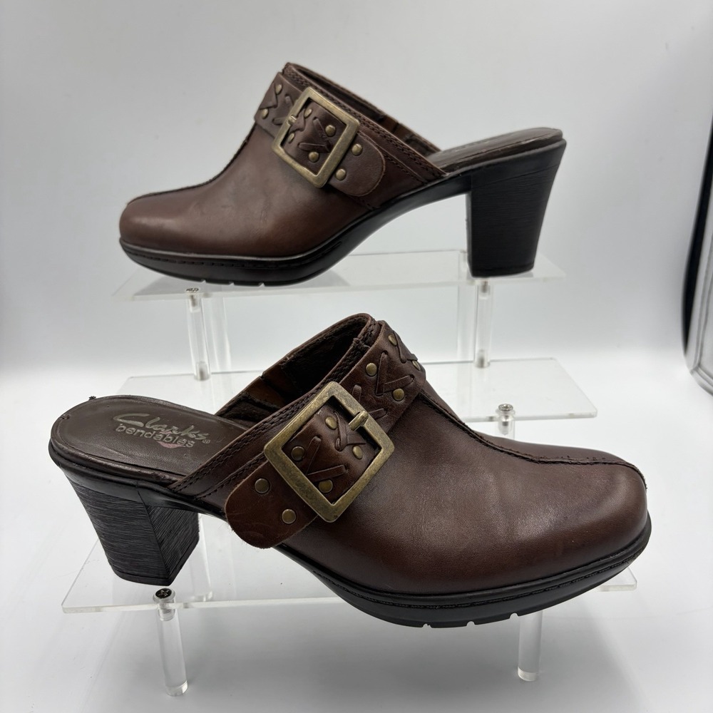 Clarks Bendables‎ Mule Low Heel Slip On Buckle Brown Leather Womens 6W
